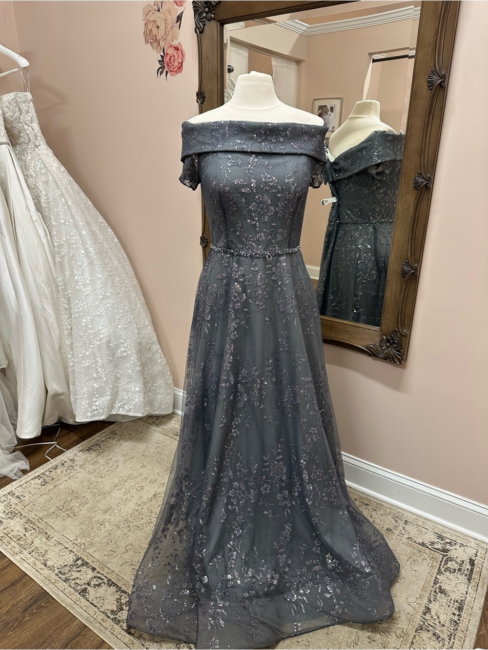 Off-Shoulder Iron Gray Embellished A-line Evening Dress. Size 10